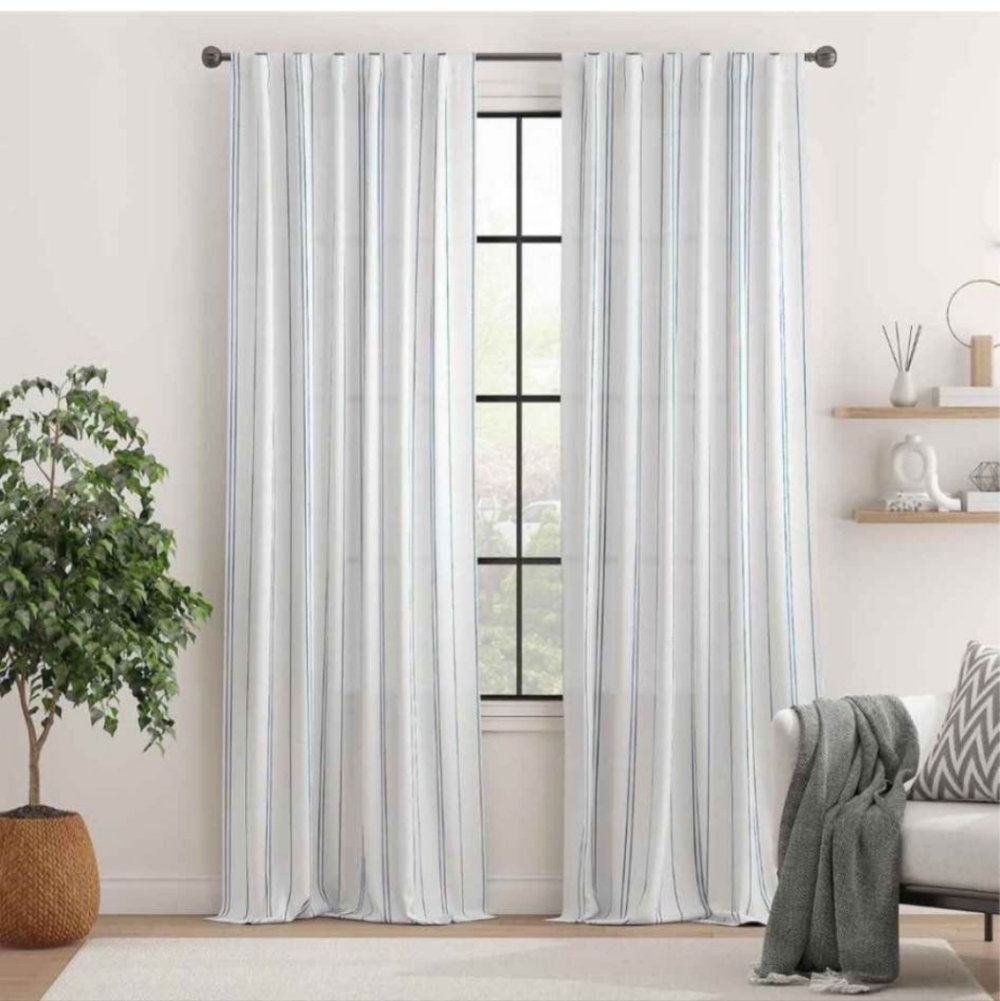 JINCHAN Blue and White Striped Curtains, 96 Inches Length, Pinstripe, 2 Panels